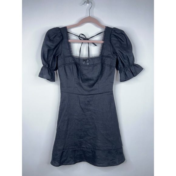 Reformation Evianna Linen Dress Black Square Neck Lace Mini Classic Size 0 - Picture 1 of 13